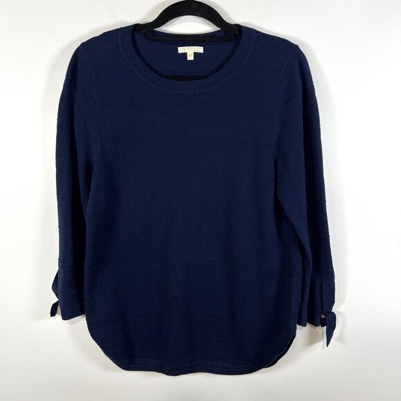 Lisa Todd Exposed Seam Tunic Sweater Crewneck Long‎ Tie Sleeve Cotton Navy Sz L - Picture 1 of 10